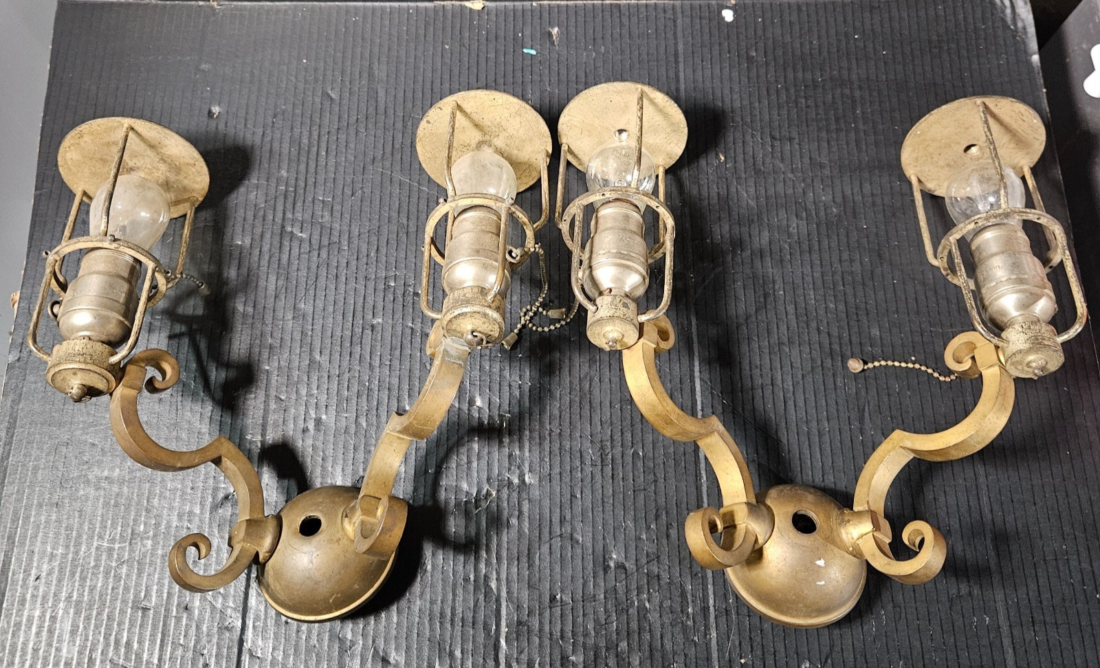 Rare Pair Antique Brass  Nickle Sconces Handel Era Edwardian glass shade Hubbell