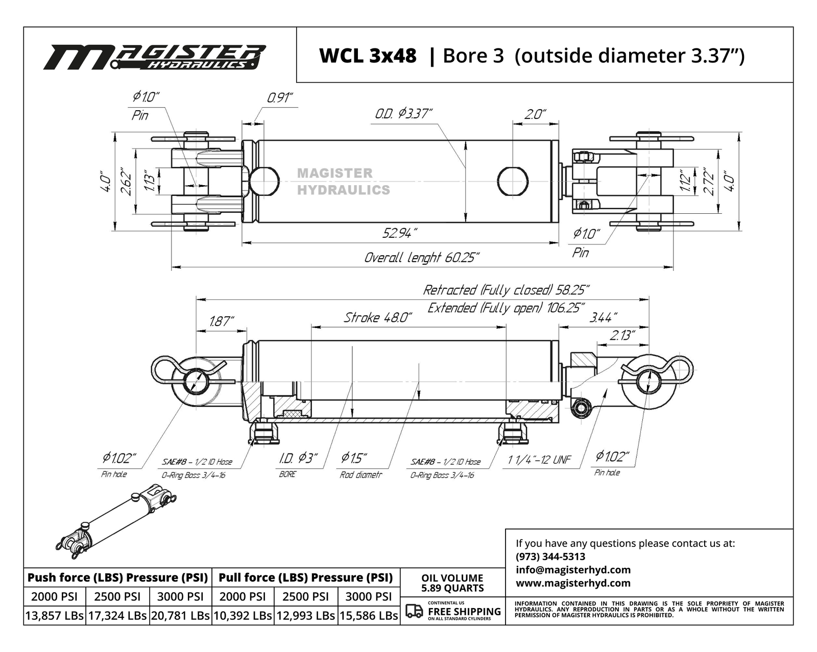 Hydraulic Cylinder Welded Double Acting 3" Bore 48" Stroke Clevis End 3x48 new