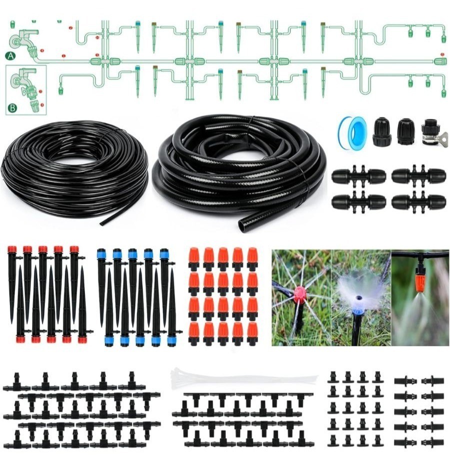 DIY Drip Irrigation Kit With 1/4" Tubing Adjustable Emitters 30M Hose Garden