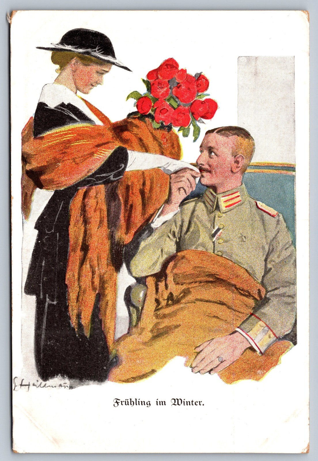 WWI GERMANY MILITARY POSTCARD SPRING IN WINTER SOLDIER GREETS LADY W/BOUQUET