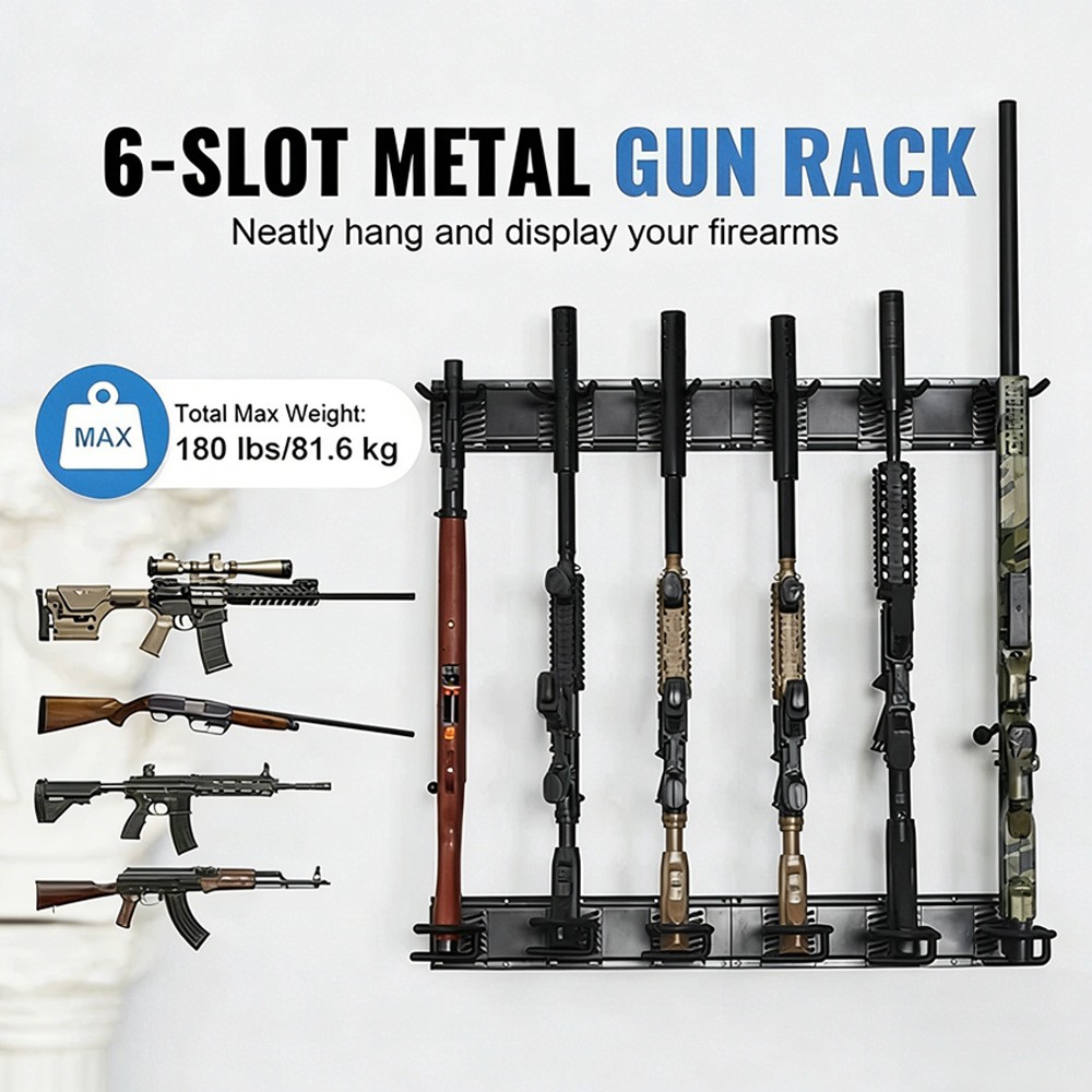 Metal Gun Rack 6-Slot Indoor Metal Gun Rack Wall Mount Vertical Rifle Rack