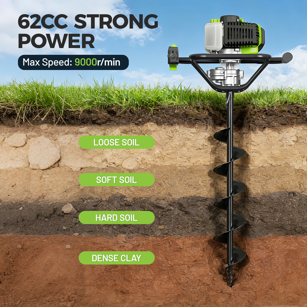 WORKPRO 62CC Gas Powered Post Hole Digger Earth Auger 2Stroke 4" 6" 8" Drill Bit