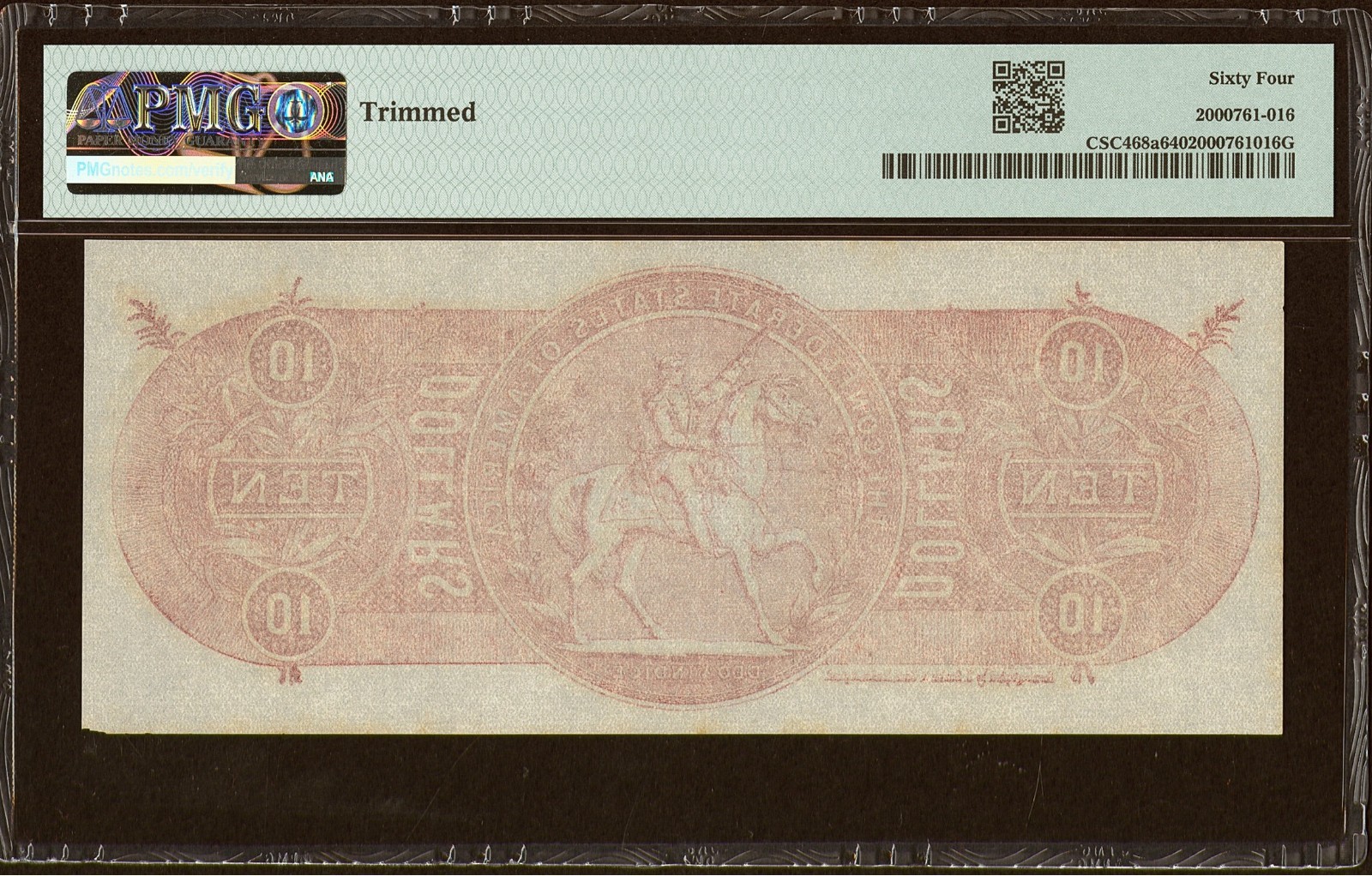 $10 Confederate States Chemicograph Banknote Civil War Paper Money, PMG UNC 64