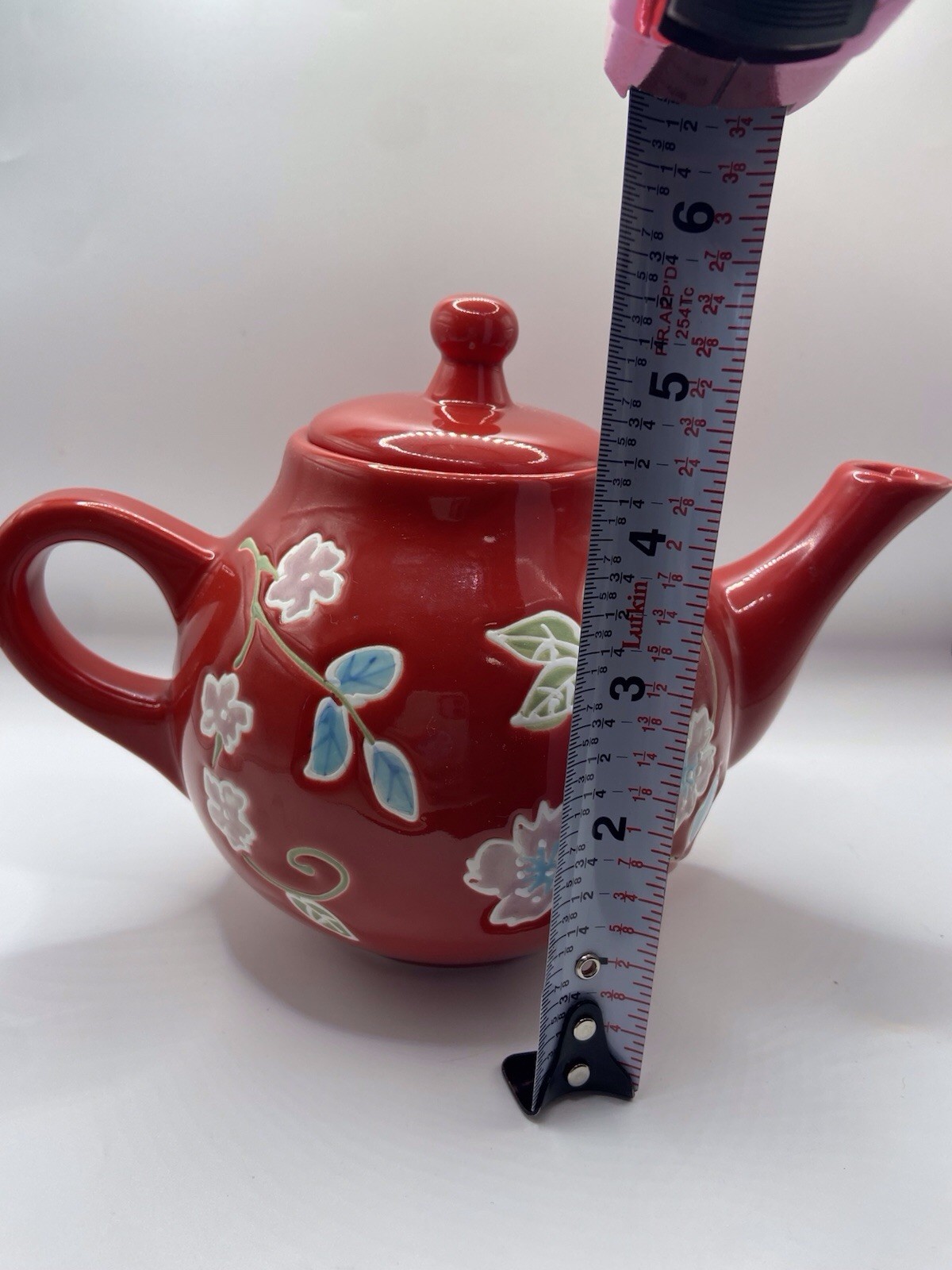 FSG Red Stoneware Floral Teapot With Strainer Pink Blue Green Flowers