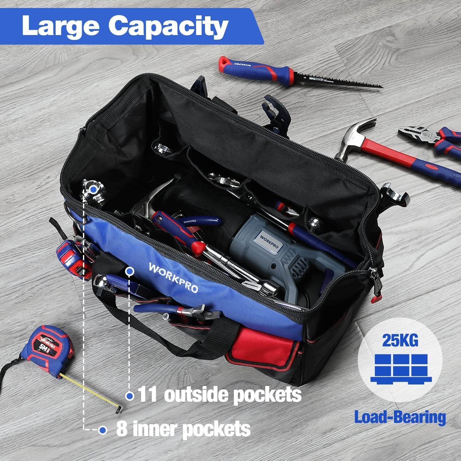 WORKPRO 18"Tool Bag Tool Tote Waterproof with Base and Adjustable Shoulder Strap