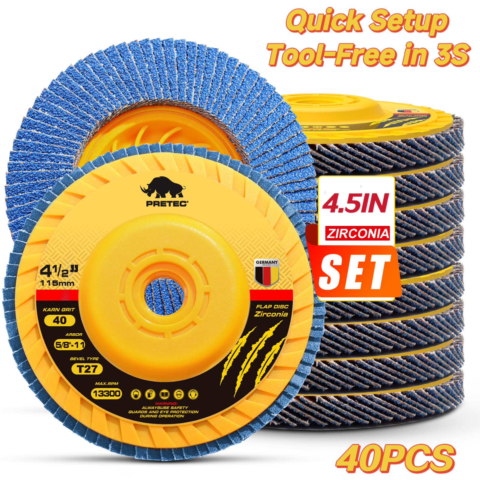 40PC 4-1/2" Tool-Free Flap Discs 40 Grit Zirconia T27 for Angle Grinder Grinding