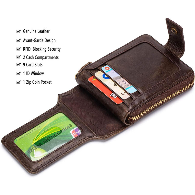 Genuine Leather Zipper Wallet Mens RFID Blocking Bifold Zip Around Card Holder