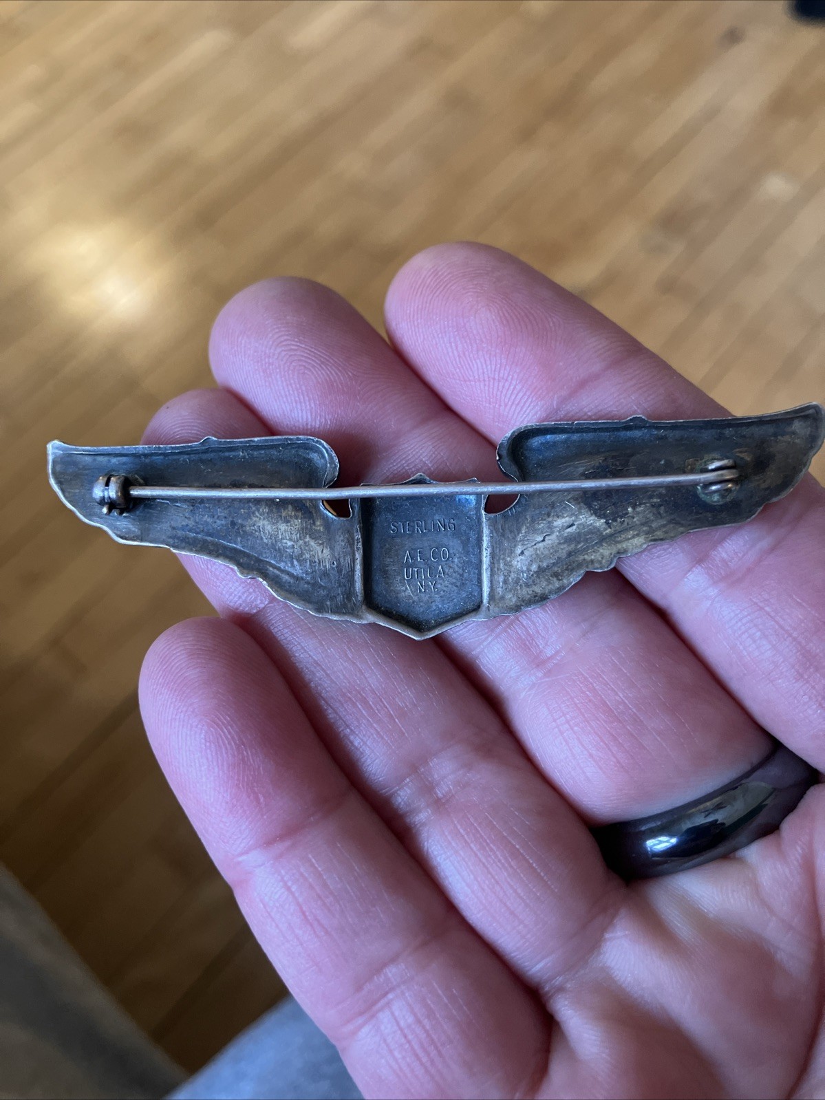 Vintage Sterling Silver WWII Military Pilot Aviator Wings Pin A.E. Co Utica NY