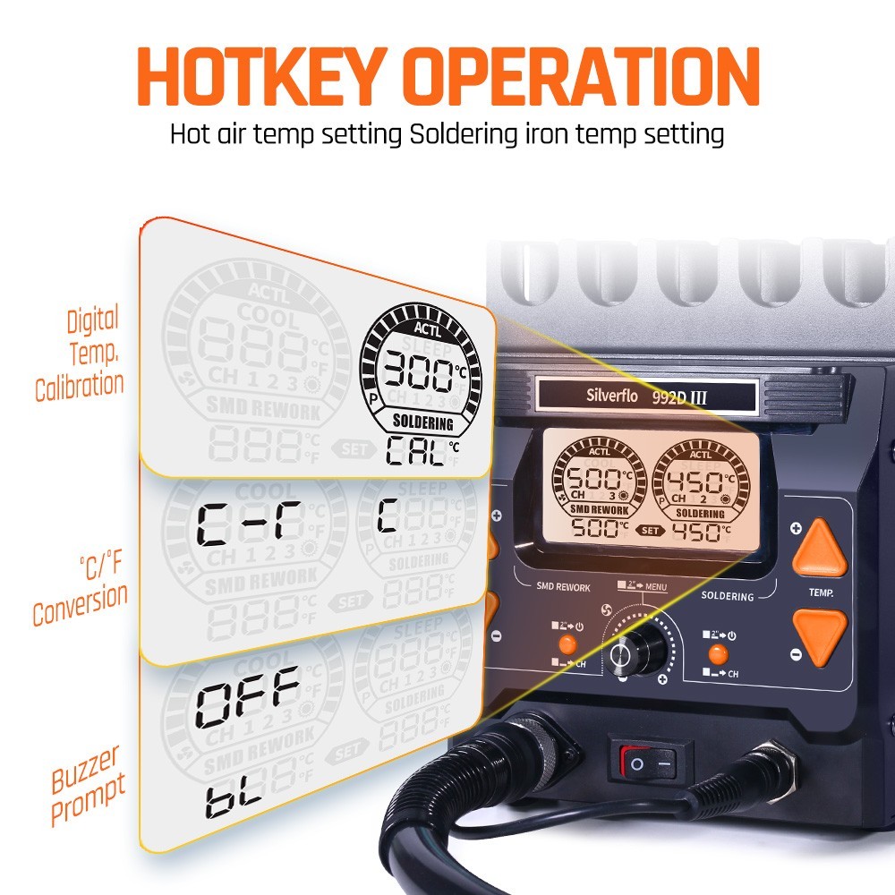 992D-III Soldering Station Hot Air Desoldering Rework Station C210/C245