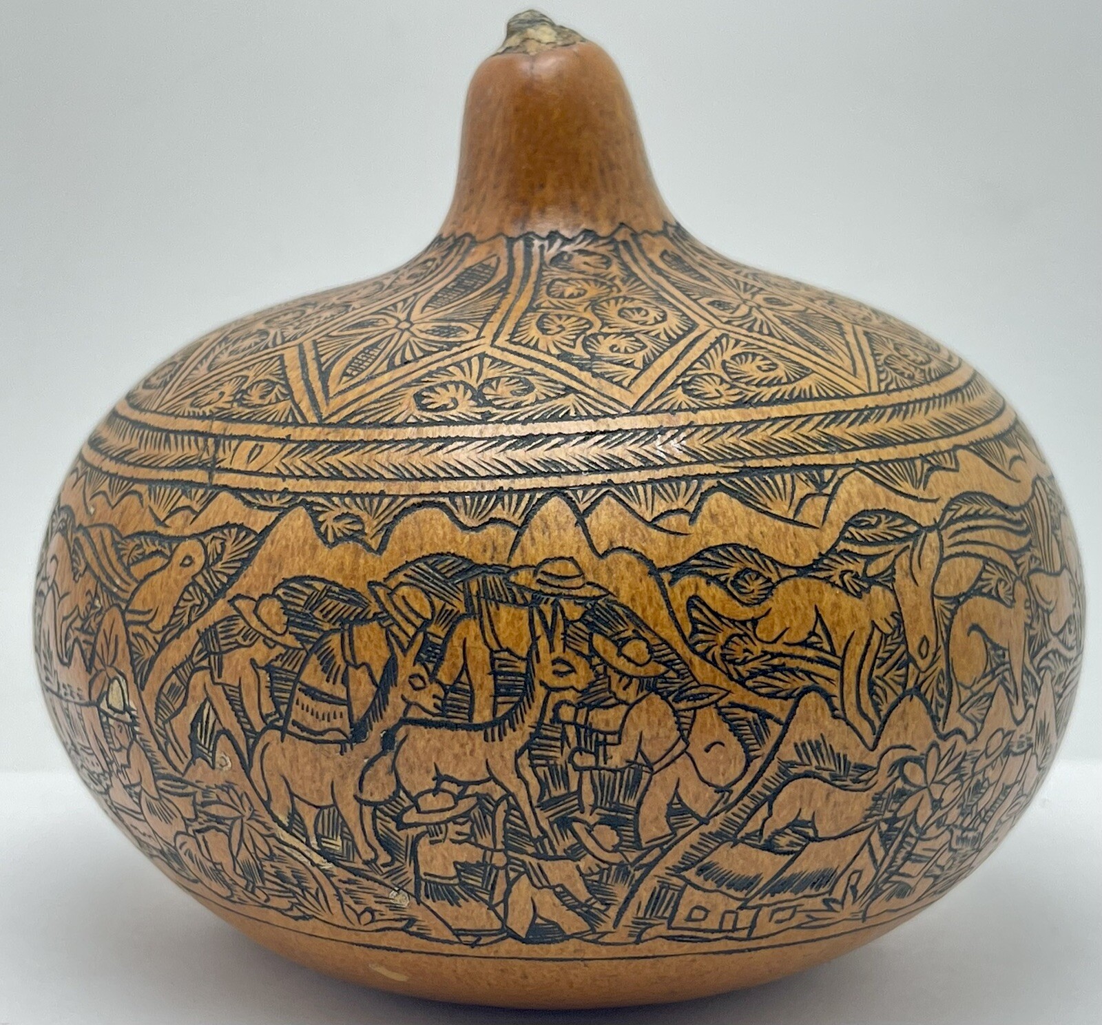 Vintage Peruvian Story Telling Gourd Finely Detailed Hand Carved Rattle