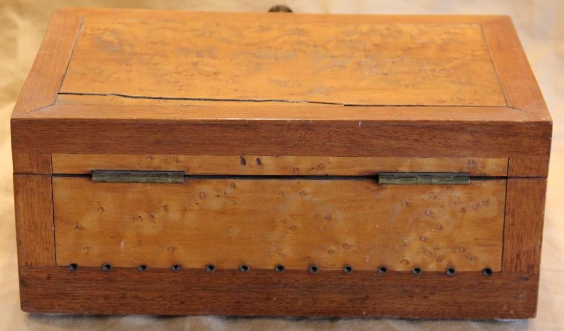 Antique Sewing Box Oak & Bird's Eye Maple w Contents - Anna Miles - Square Nails