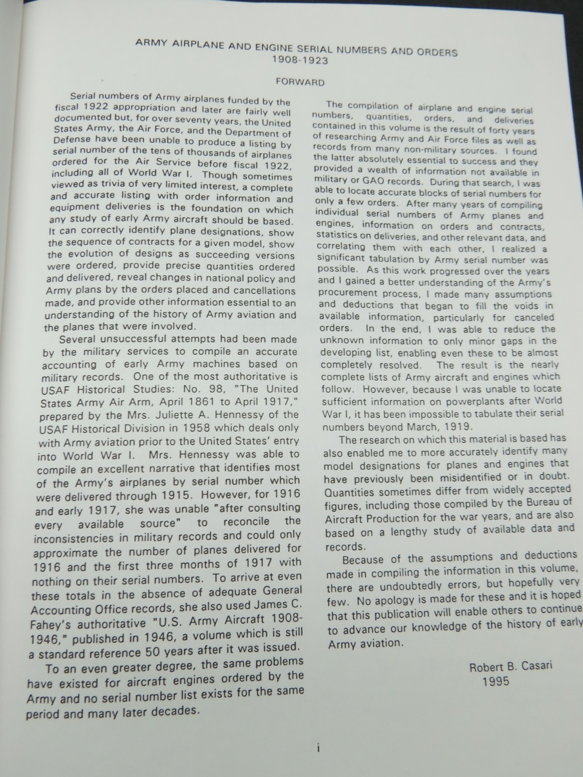 Rare Book: U.S Army Aviation Aircraft & Engine Serial Numbers & Orders 1908-1923