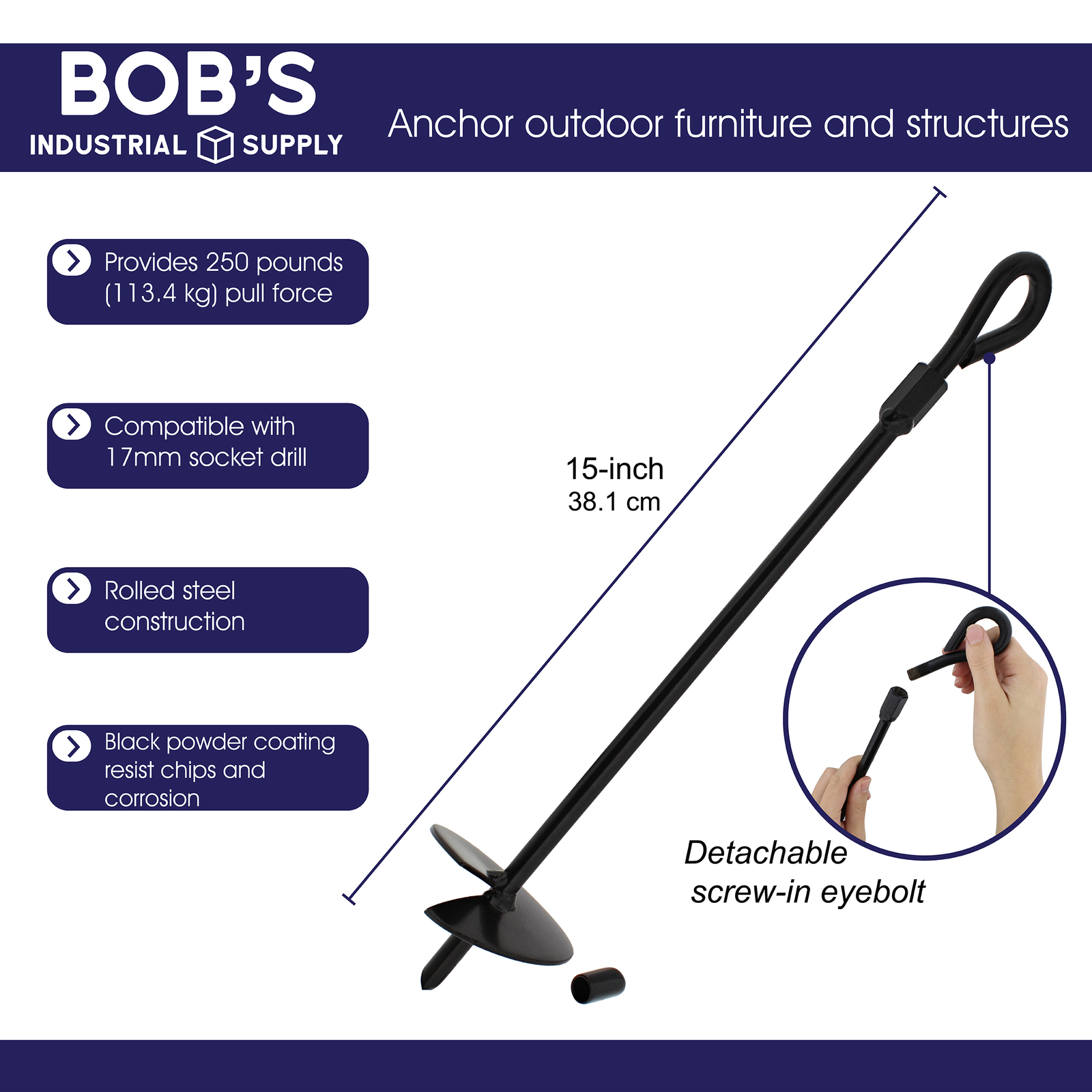 BISupply Ground Anchors, 15in - 8pk Black Shed Anchor Kit Ground Stakes