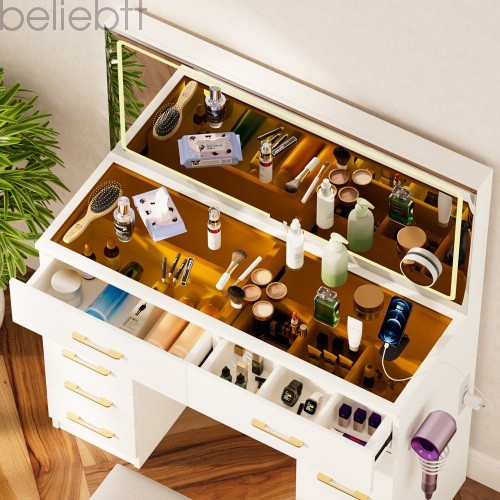 46"Glass Top Vanity Desk 10 Drawers Makeup Vanity Power Outlet, Silent Slides