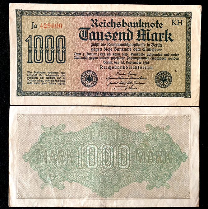 Authentic Germany 1000 Mark 1922 BERLIN Post WWI Hyperinflation Era 100 Yrs Old