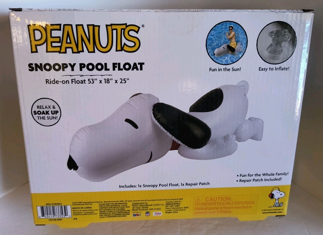Peanuts SNOOPY Ride-On Pool Float 53" x 18" x 25" Relax & Soak Up the SUN! NEW!