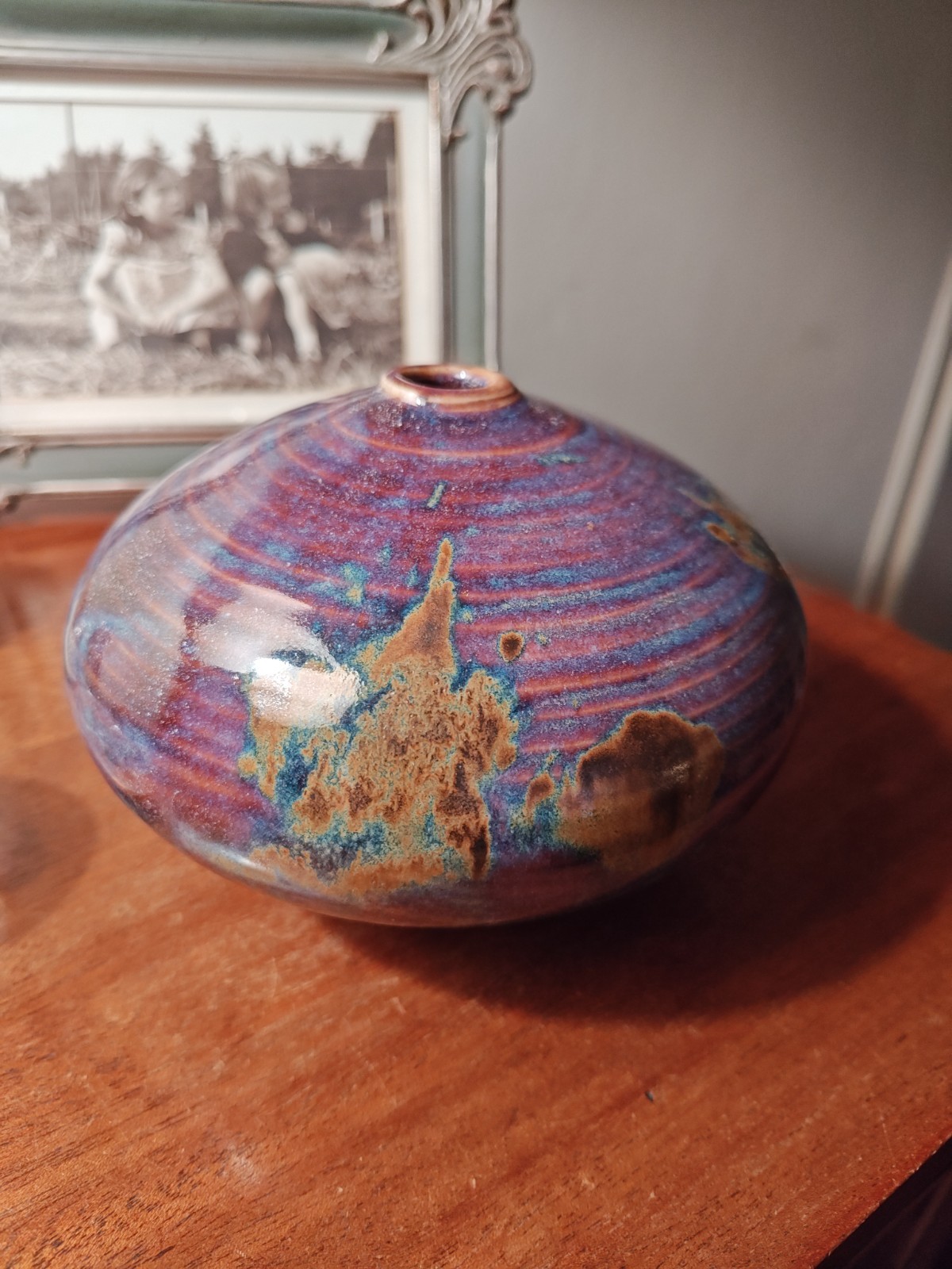 VIVIKA & OTTO HEINO GLOSSY WEED VASE POT PURPLE WITH BROWN & GREEN HUES