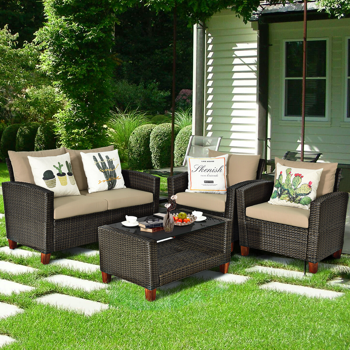 4PCS Patio Rattan Furniture Set Solid Wood Leg Cushioned Sofa Garden Lawn