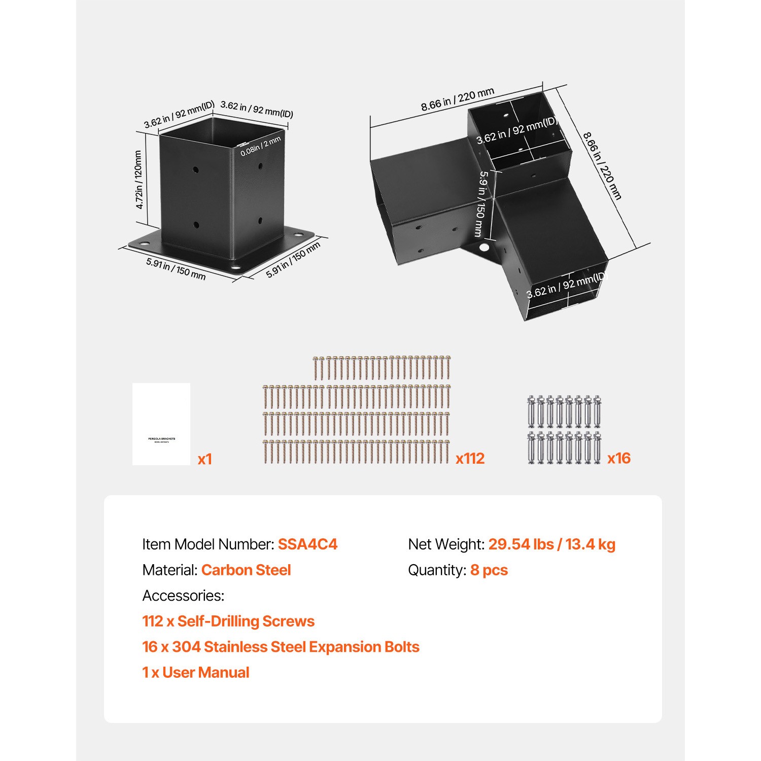 Uimoso 3.5x3.5 Inch 3-Way Corner Bracket Kit for Pergola Posts, Set of 4