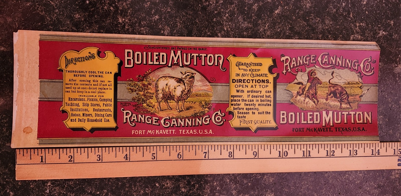 1890's VINTAGE CAN LABEL BOILED MUTTON RANGE CANNING CO. FORT MCKAVETT, TEXAS