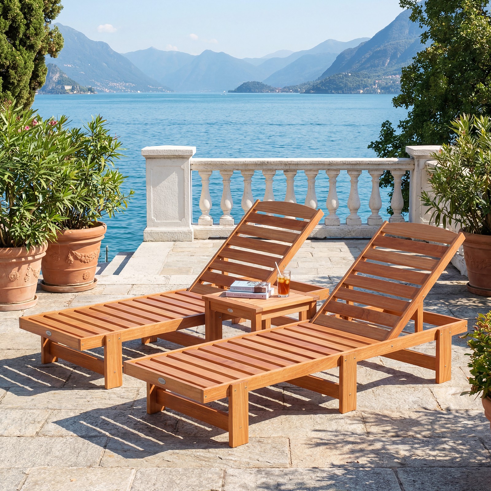 Patio Chaise Lounge Chair, Solid Wood Outdoor Recliner with Adjustable Backrest