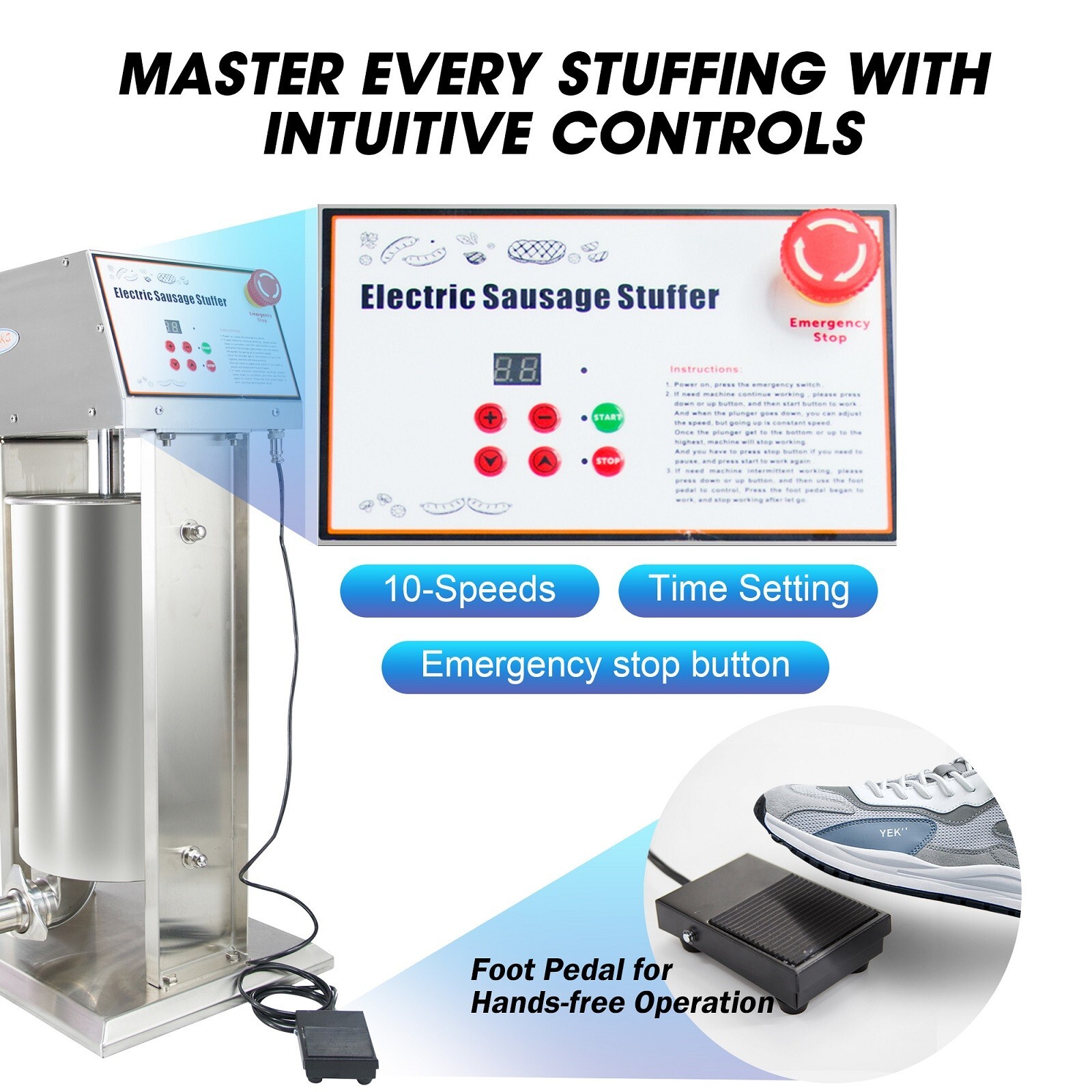 Hakka Commercial Electric Sausage Stuffer 30LBS 15L Stainless Steel Meat Maker