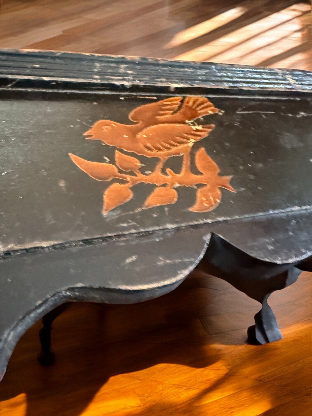 Vintage Floral Tapestry Footstool Wood Base Ottoman Inlaid bird eagle