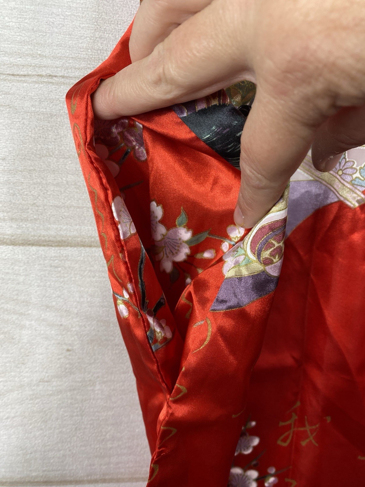 Vtg Sakurai Shoji Japan Red Floral Kimono Robe Fan Print Cherry Blossom Geisha