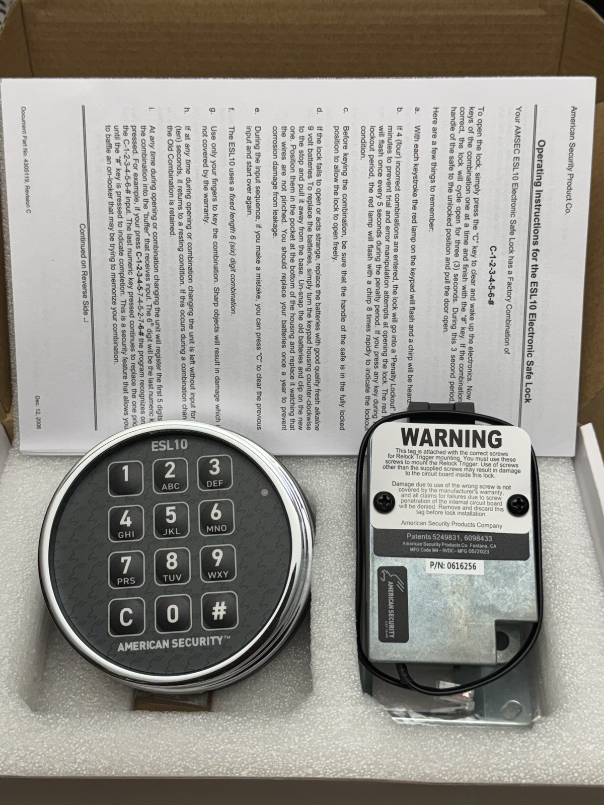 Amsec ESL10 - ESL10XL - American Security - Electronic Safe Lock Kit - Chrome