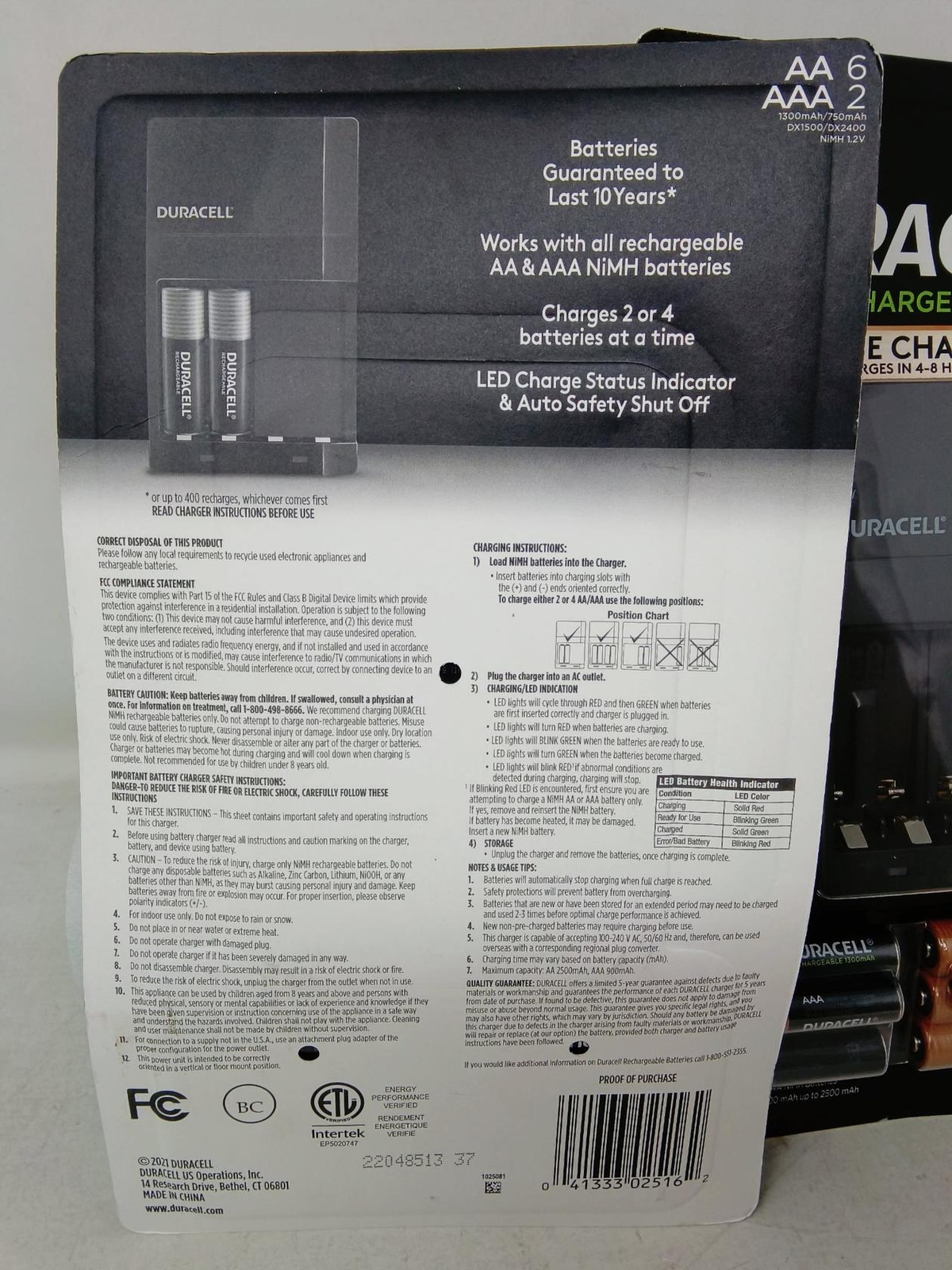 Duracell Charger for Rechargeable AA and AAA Batteries, 4 Slots - 2 Pack