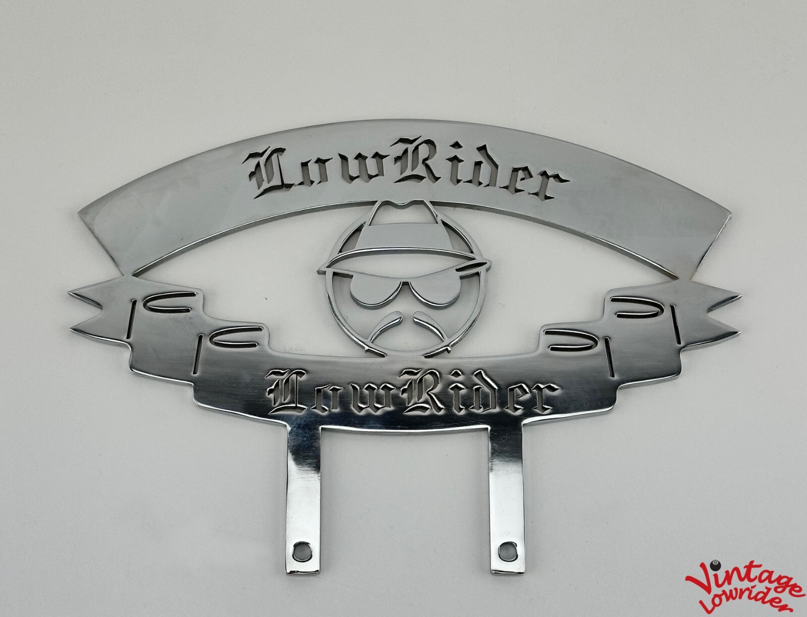 VINTAGE LOWIDER CUSTOM STEEL PLAQUE W/ LOWRIDER LETTER AND HEAD, SHOW PARTS.