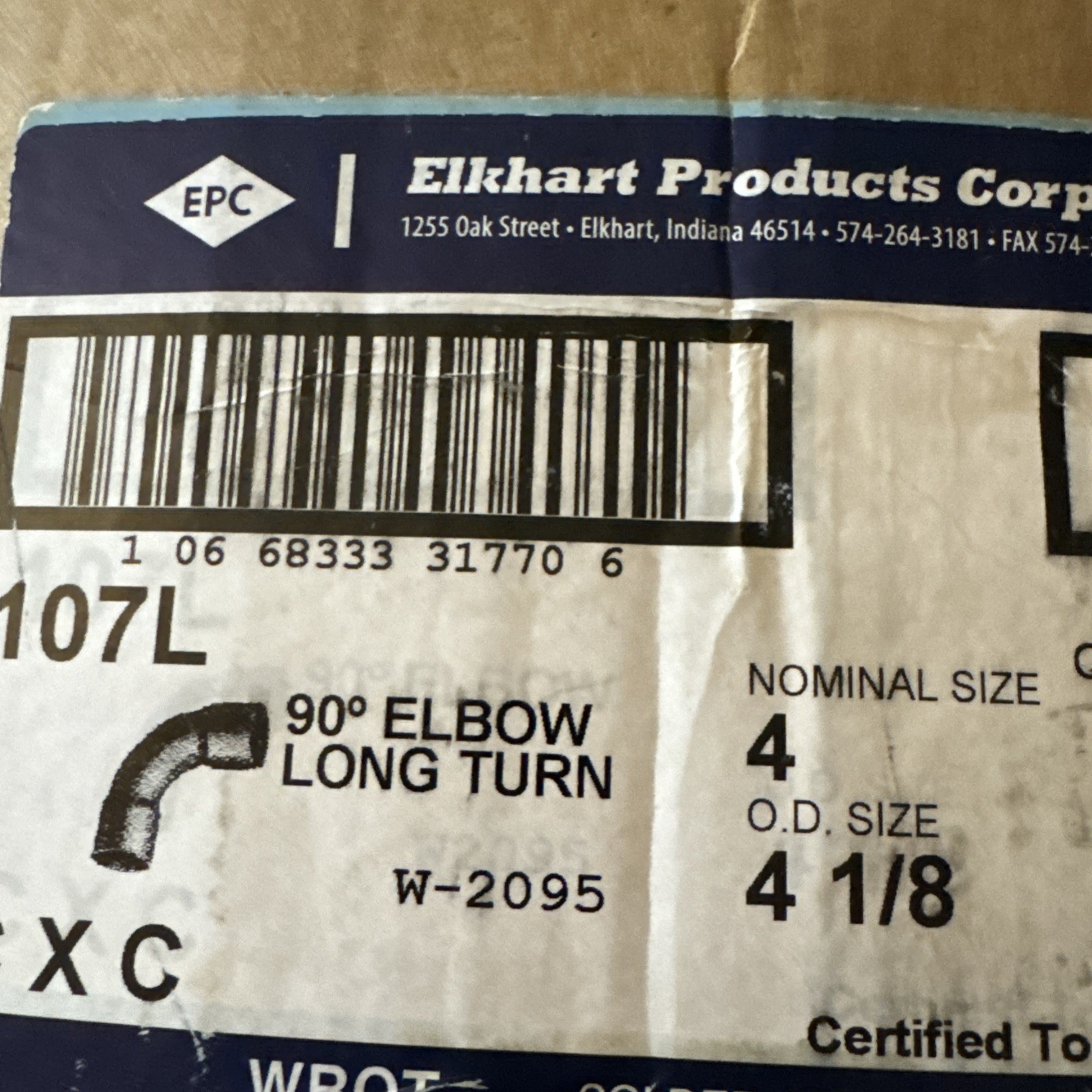 Copper 90 degree Elbow Long Turn 4 inch Elkhart Products Corporation 10031770
