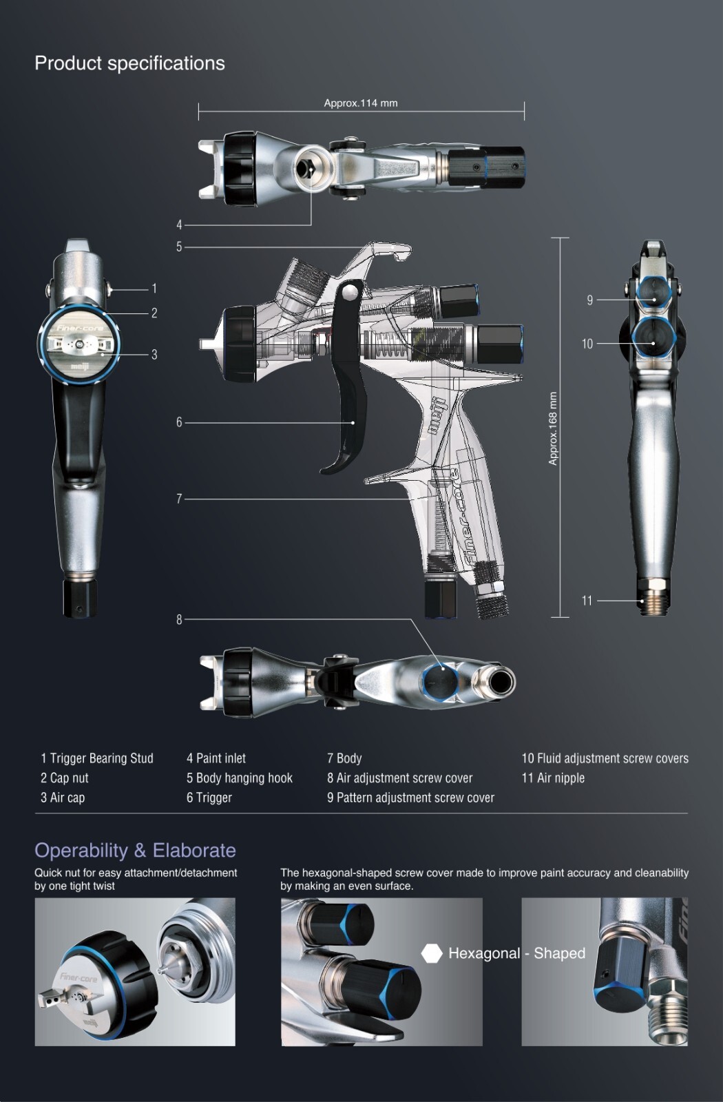 Meiji FINER-CORE-13 1.3mm Center Cup Spray Gun without Cup Gravity feed Japan