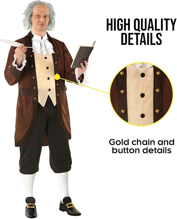 Men`s Benjamin Ben Franklin Costume + Wig Adult Founding Fathers Colonial Outfit