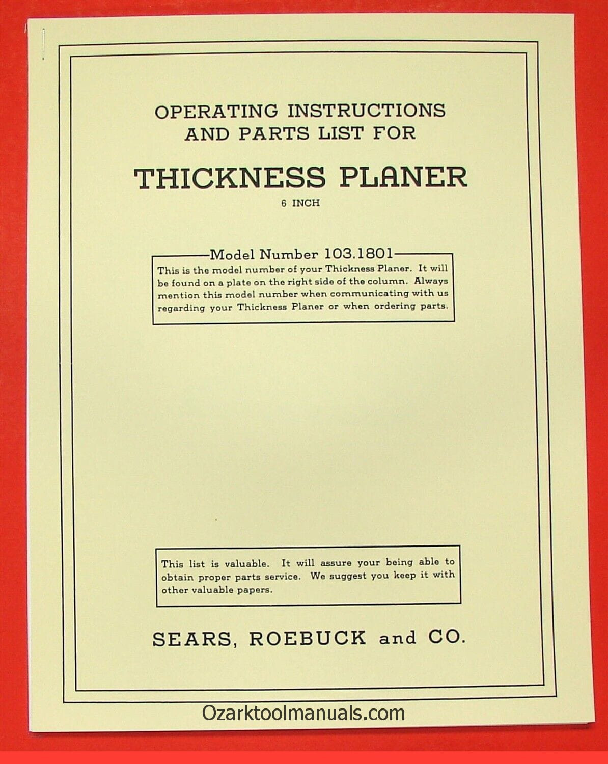 CRAFTSMAN 103.1801 Wood Thickness Planer Owners Instructions & Parts Manual 0859
