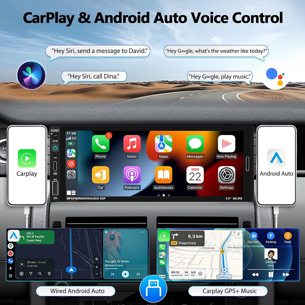 Single Din Car Stereo Wireless Apple Carplay 6.9 Touchscreen Bluetooth Radio Usb