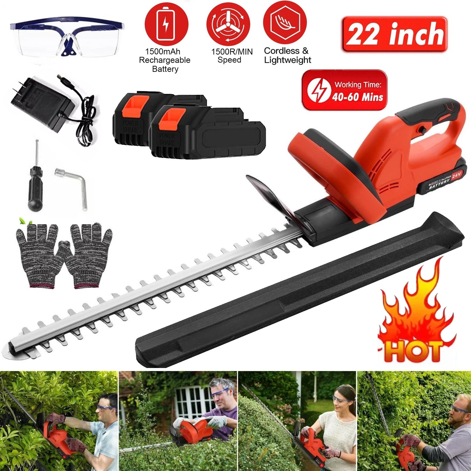 22 in Electric Hedge Trimmer Cordless Power Hedge Trimmer with Battery & Charger