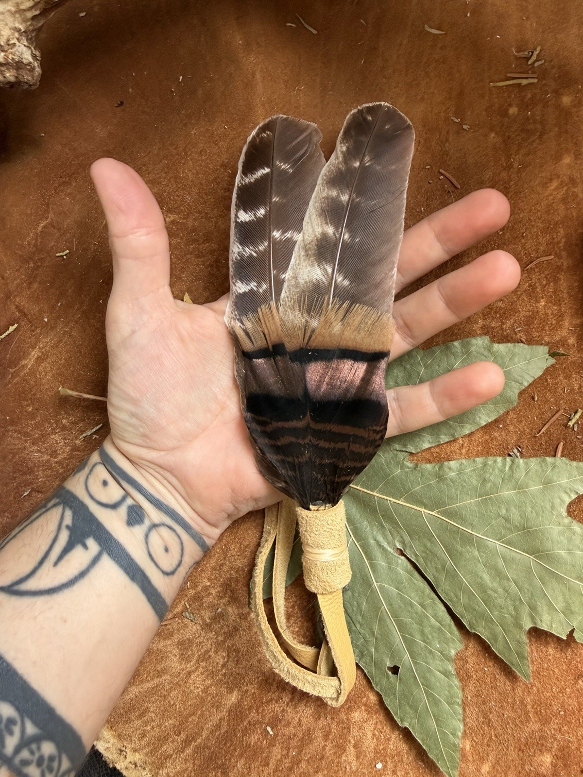 Native American wing feather hair tie regalia pow wow turkey feather hair tie