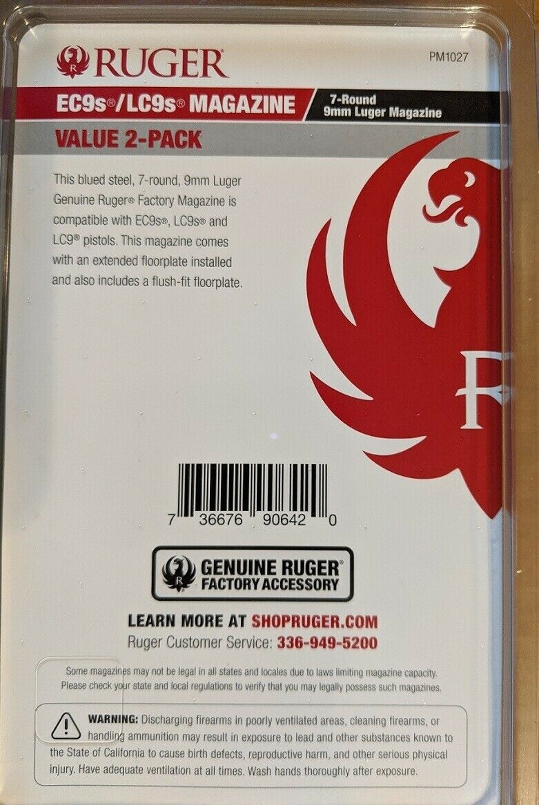 RUGER LC9 LC9S EC9S 9mm 7 Round Magazine OEM 7rd Mag 90642 Value 2 Pack - NEW