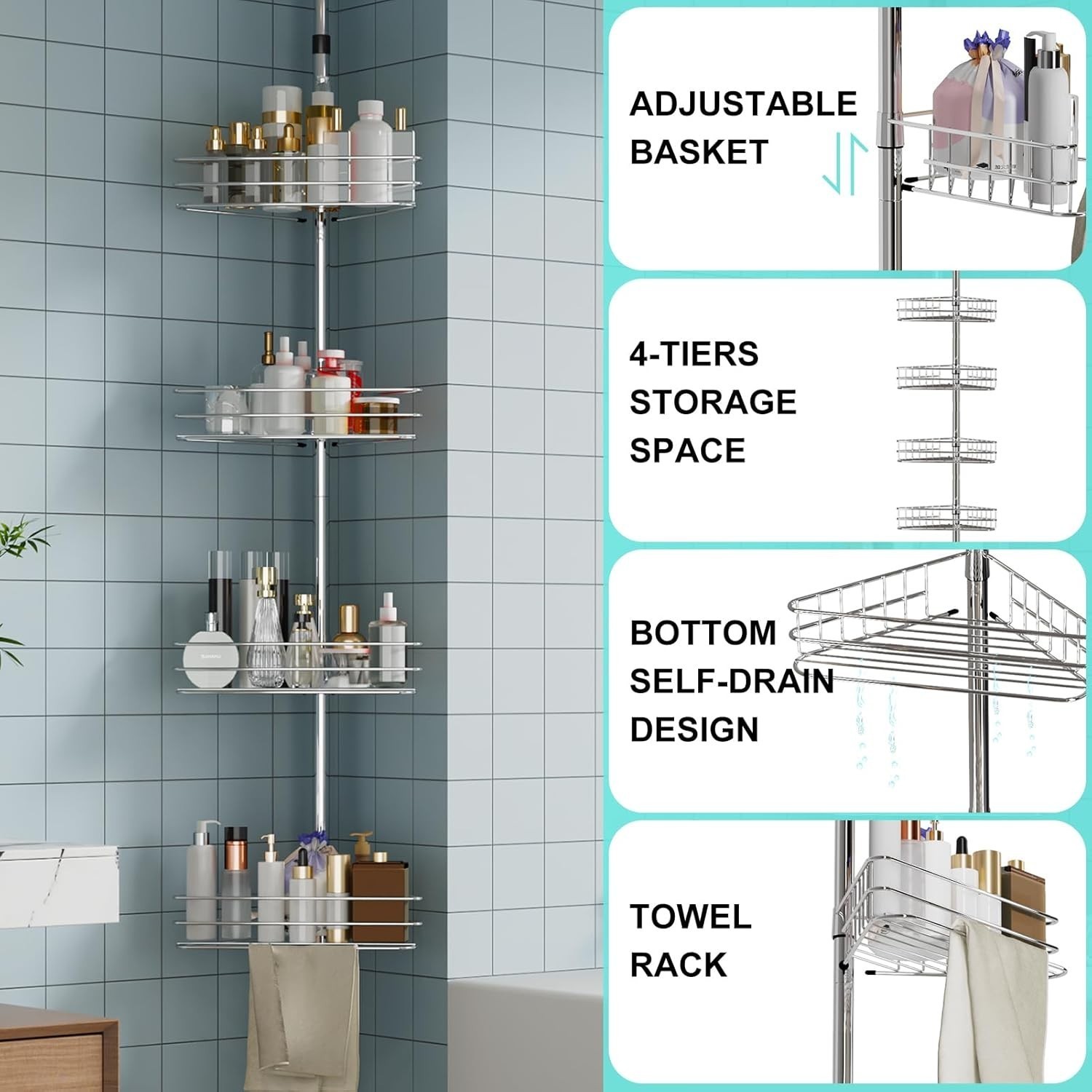 4 Tier Metal Rustproof Shower Corner Caddy Organizer for Bathroom Tension Pole