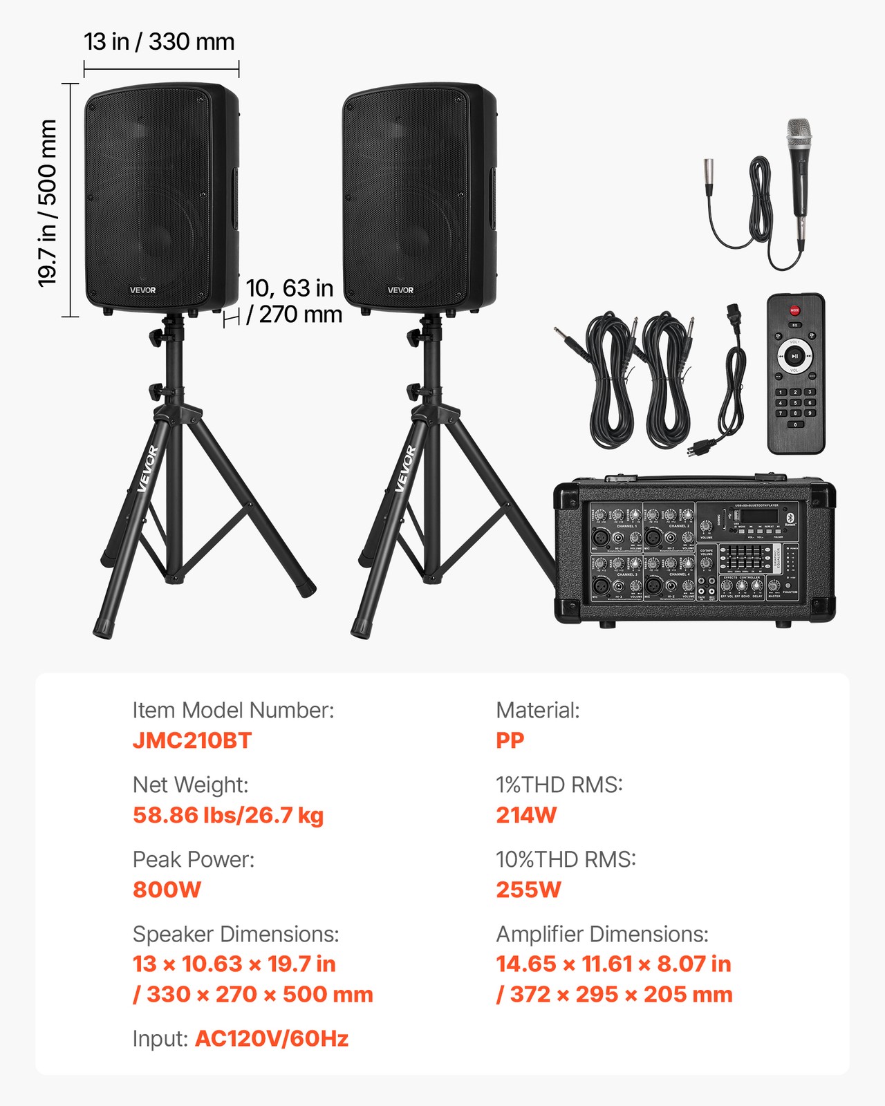 VEVOR 2 X 10in Speakers PA System 800W Mixer Wireless Bluetooth Mic for DJ Party