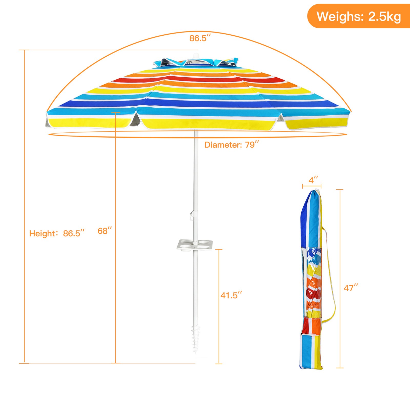 7.2ft Beach Umbrella Outdoor Patio Garden w/ Carrying Bag Sand Anchor Rainbow