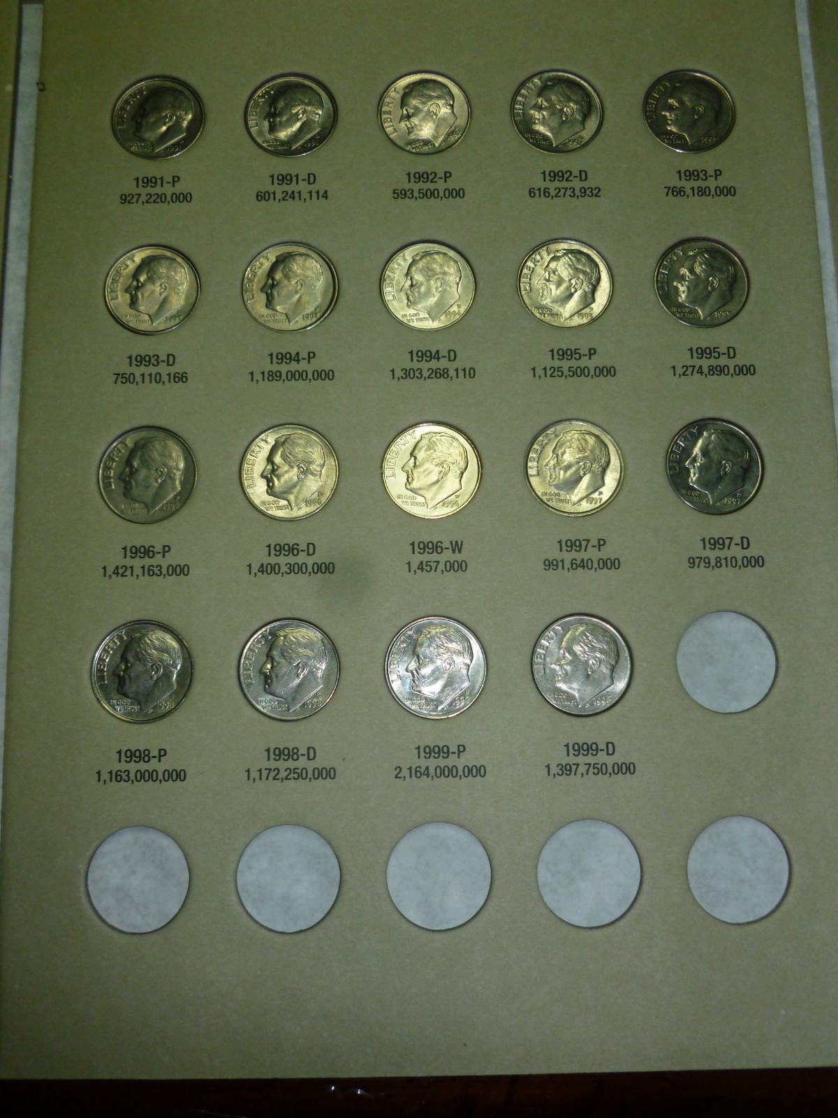 1965 to 1999 Roosevelt Dime Set coins. #F21-65 COMPLETE