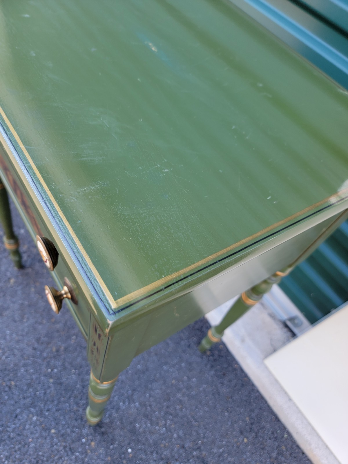 L. Hitchcock 2-drawer End/Side/Work Table Dark Green Stenciled drawers