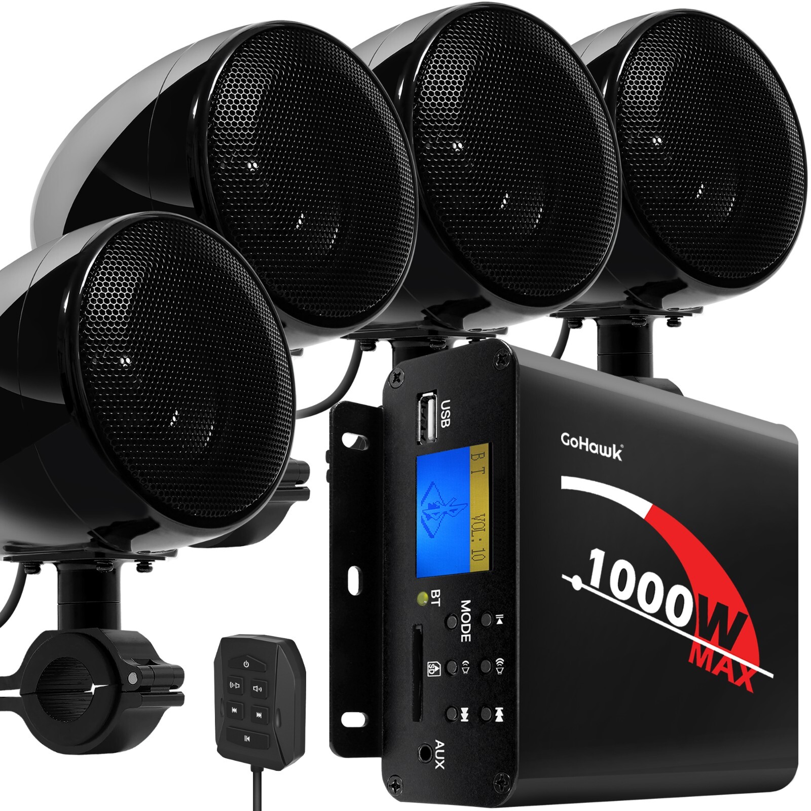 1000W Amp Waterproof Bluetooth Motorcycle ATV Stereo 4-CH Speakers Audio System