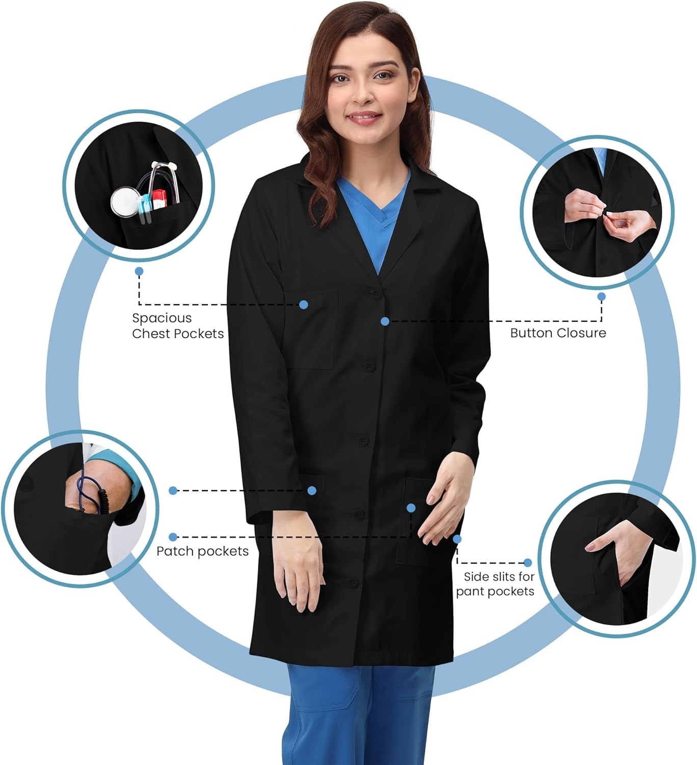 Professional White Lab Coat for Women, Long Sleeve Medical Coat