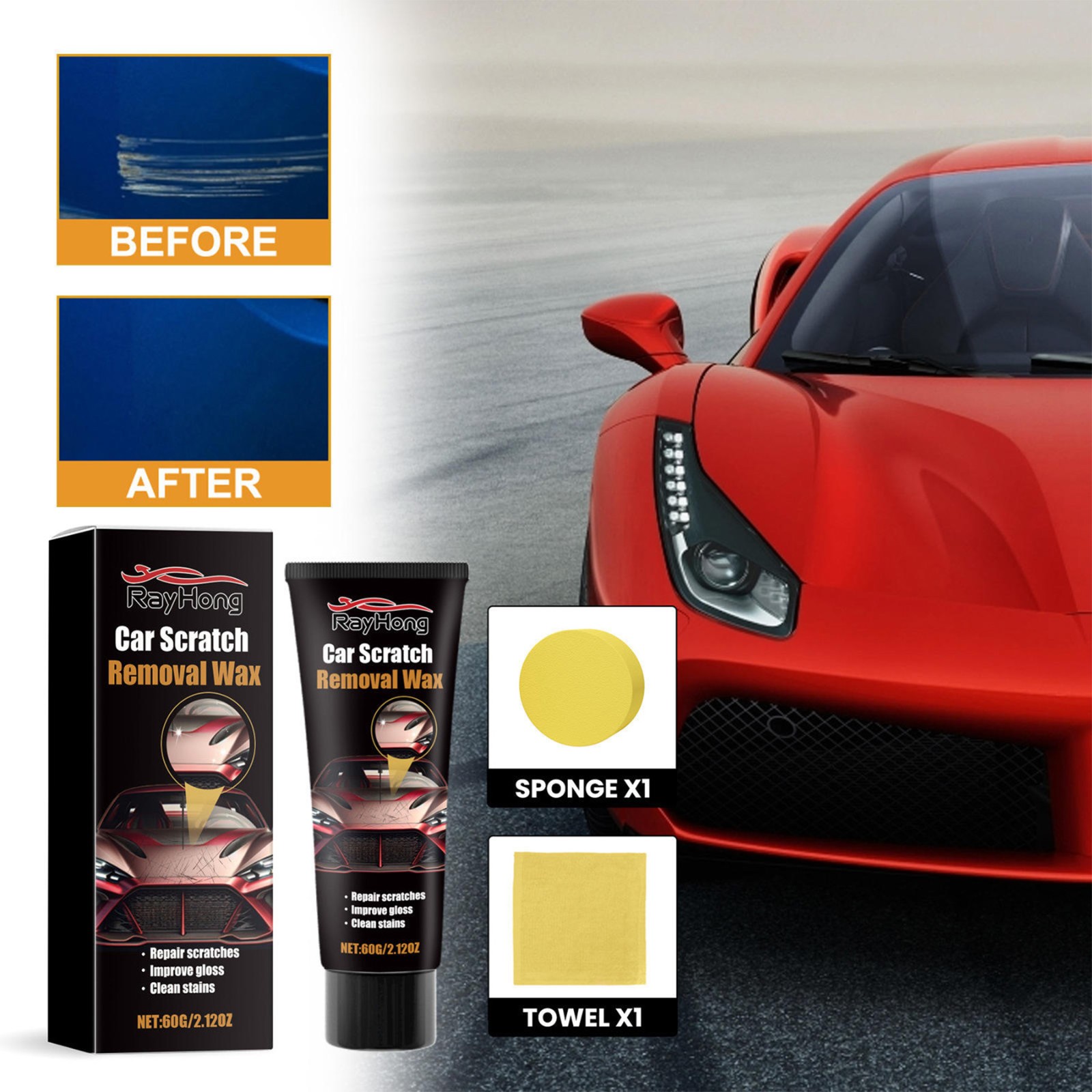 Car Scratch Removal Wax Kit 60g Repair Polish w/ Sponge & Microfiber Cloth