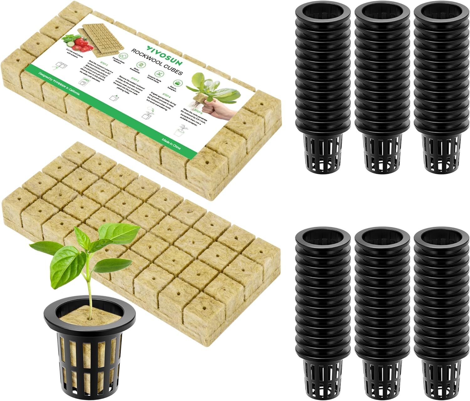 VIVOSUN 1" 72 Plugs Hydroponics Rockwool Cubes 72 Pack 2" Net Pots Grow Starter