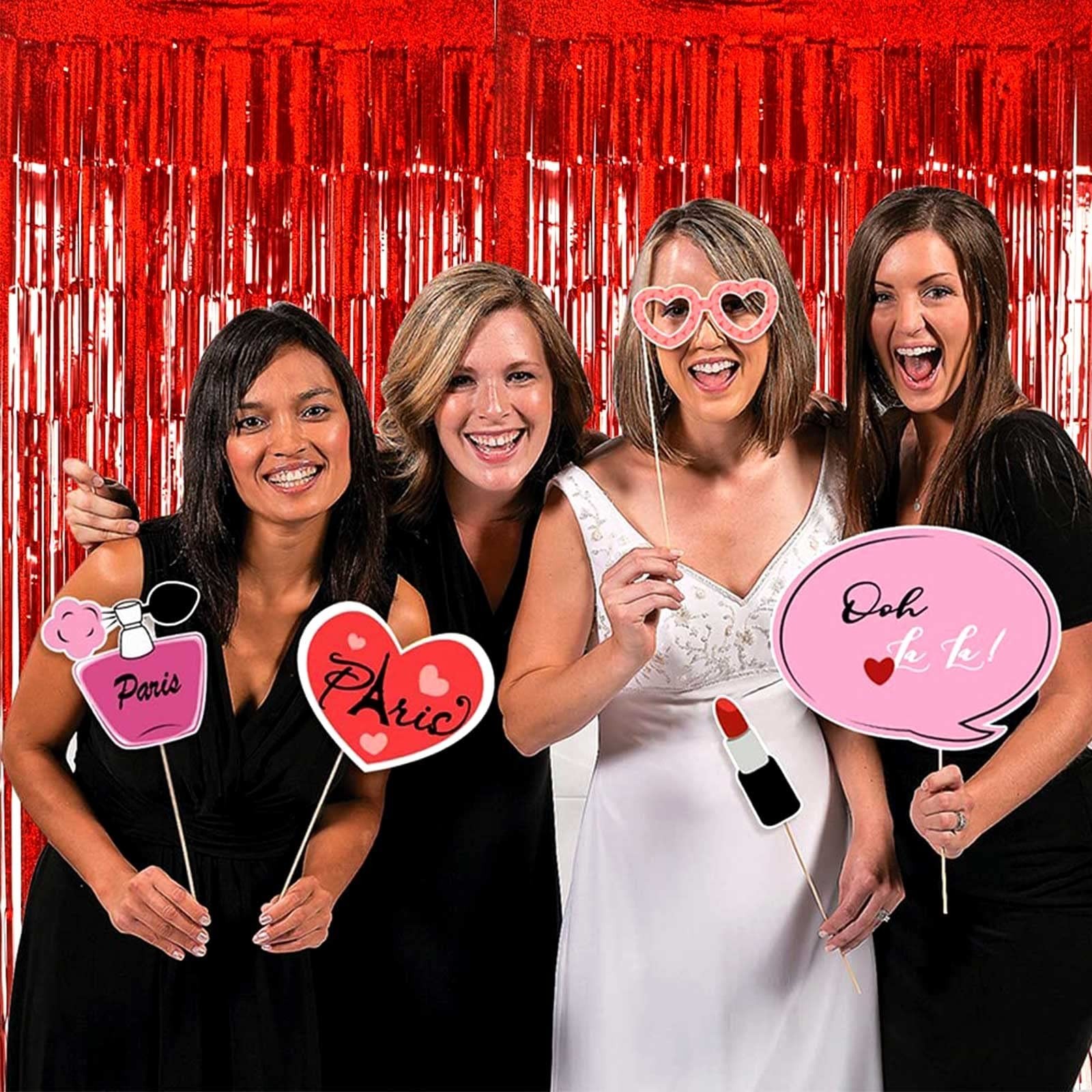 4 Pack Red Tinsel Foil Fringe Curtain Backdrop, 3.28Ft x 8.2Ft Metallic Strea...