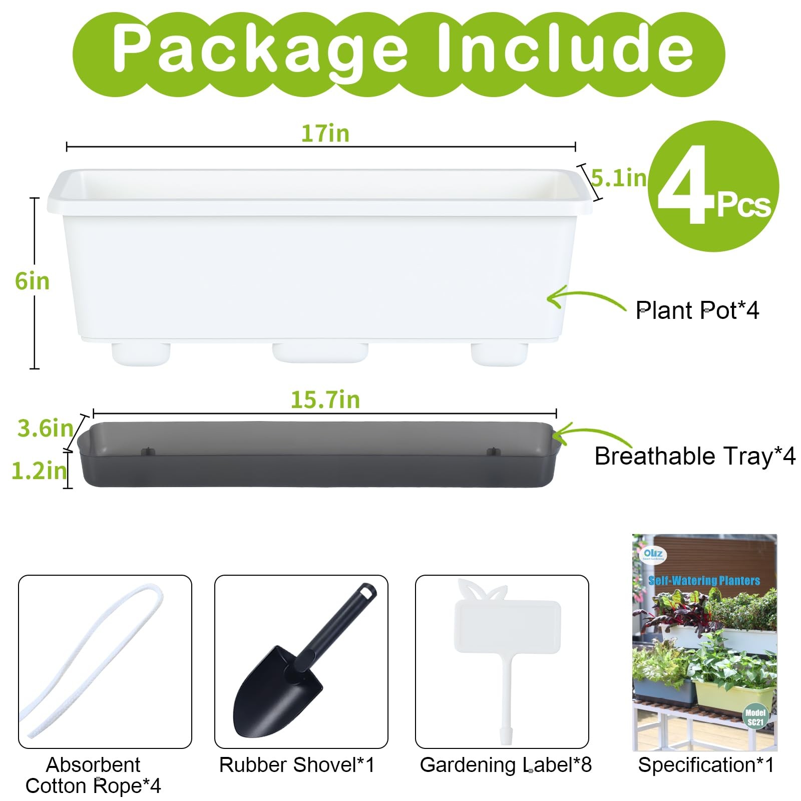 Window Box Planter 4 Packs, 17 Inches Rectangle Flower 17*5.1*6 inch, White
